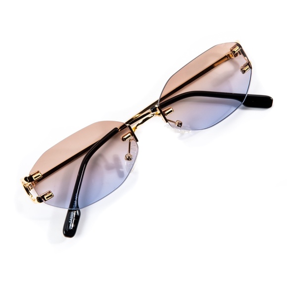 Rimless Tan And Gray Gradient Tint Gold Frame Men's  Luxury Sunglasses - Picture 3 of 5